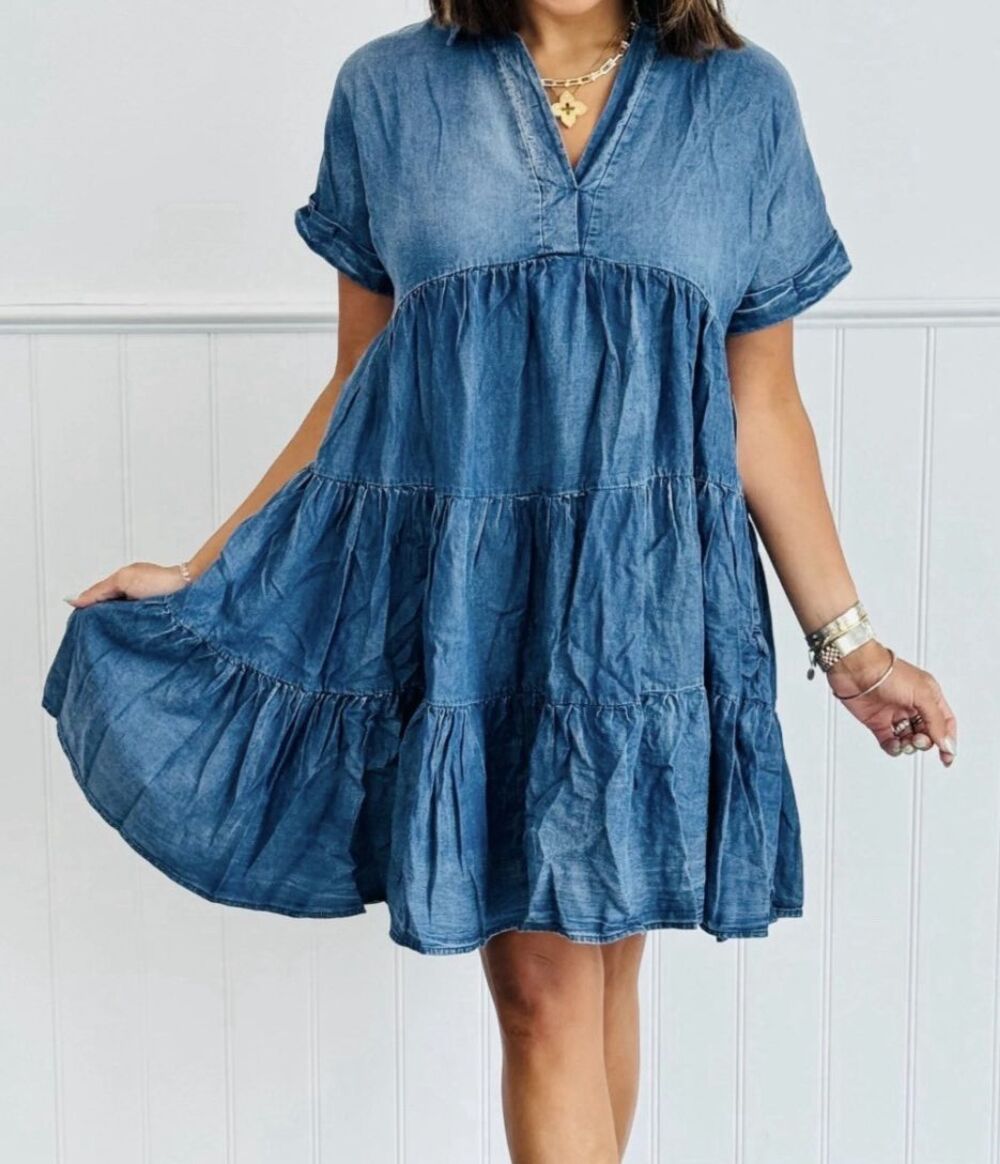 She & Sky Blue Denim Dress Medium Layered Cottagecore Western